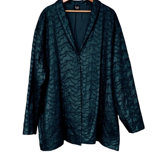 Eileen Fisher 100% Tussah Silk Snap Front Blazer Jacket Classic Dark Teal 3X - Picture 2 of 7